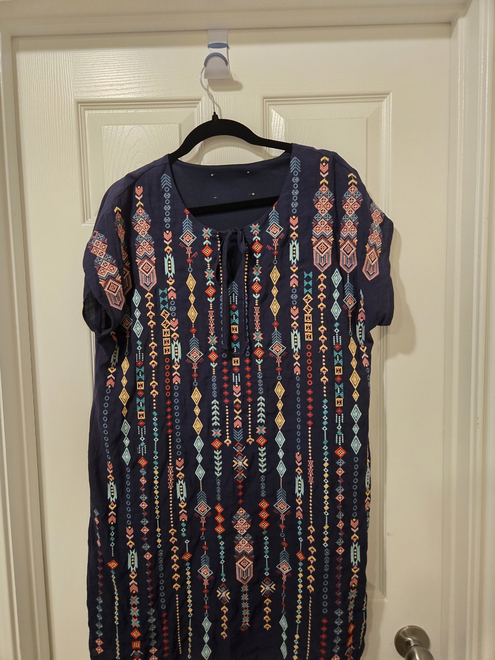 Embroidered Navy Mini Dress with Multicolor Geometric Print